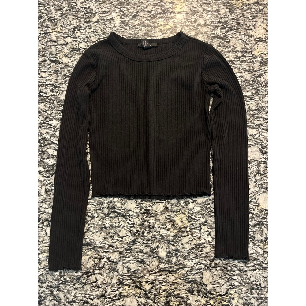Forever 21 Black Ribbed Long Sleeve Crew Neck Lettuce Hem Top Small